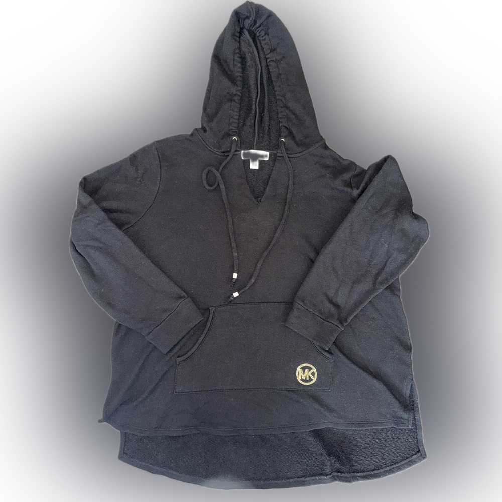 Michael Kors Black, V-Neck, Split Hem, High-Low, Terry Hoodie Sweater, Size 2X